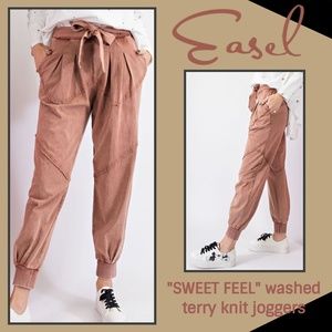 EASEL Mineral Washed Lightweight Jogger Pants Self-Tie Waist, Distressed Details